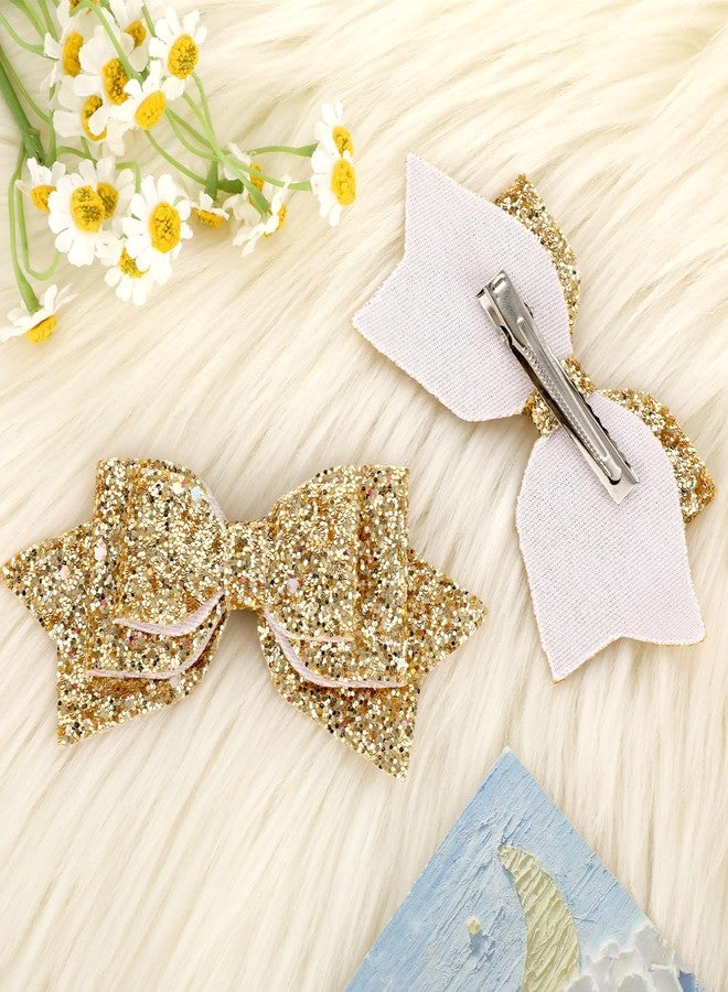 Styquenzer 2 Pcs Gold Hair Bow Clips, 5 Inch Glitter Hair Bows for Girls Sparkly Double Bowed Accessories Glitter Sequin Boutique Head Clip Delicate Satin Headwear Set for Birthday Wedding Party Back School Gift - Image 4